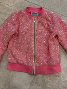 Kaylee Gray Iridescent Pink Sequin Bomber Jacket Girls Size 5-6 Barbie Glam
